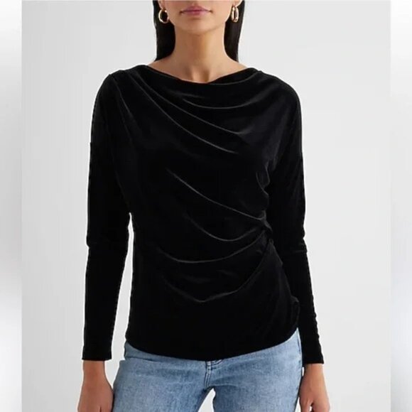 Express Skimming Velvet Draped Cowl Neck Ruched Side Top S - Picture 1 of 3